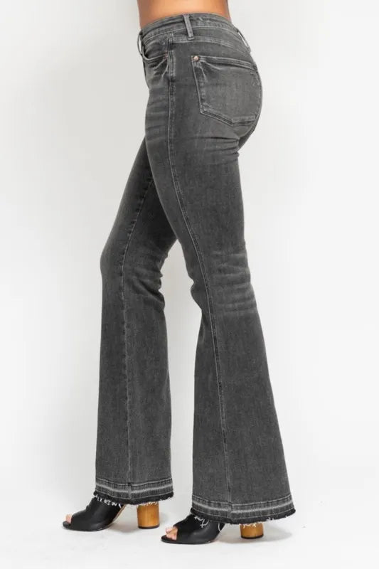 Judy Blue Full Size Midi Rise Tummy Control Washed Gray Release Hem Flare Jeans Plus Size GRY / 11(30) GRY / 5(27) GRY / 0(24) GRY / 11(30)-GRY / 5(27)-GRY / 0(24)-GRY / 1(25)-GRY / 3(26)-GRY / 7(28)-GRY / 9(29)-GRY / 13(31)-GRY / 15(32)-GRY / 14W-GRY / 16W-GRY / 18W-GRY / 20W-GRY / 22W-GRY / 24W-