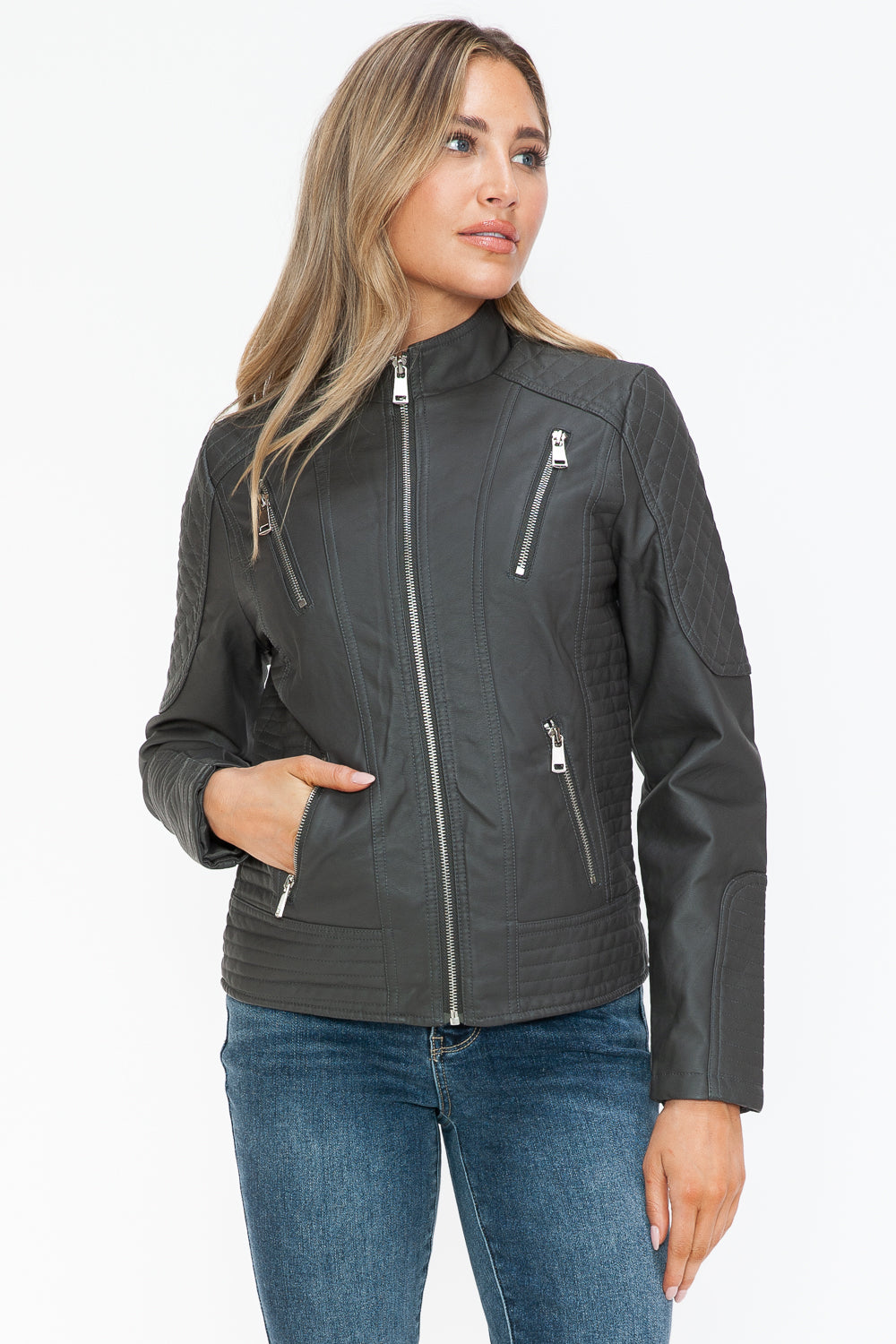 Snobbish Faux Leather Zip Up Mock Neck Jacket Charcoal / S Charcoal / M