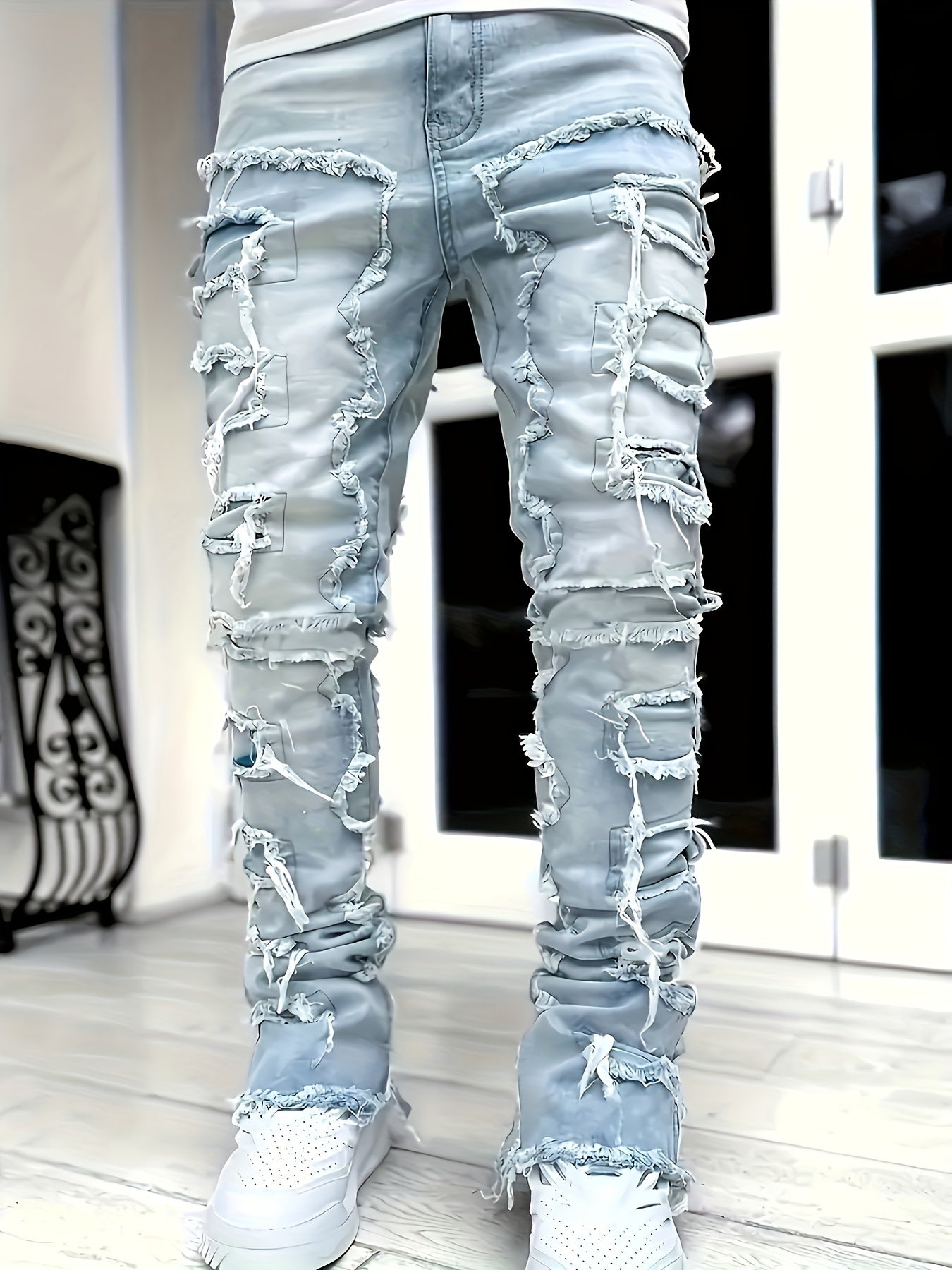Men's Slim-Fit Stretch Denim Jeans with Raw Trim & Tassel Details - Distressed Street Style Hip-Hop Pink / S Pink / M Pink / L Pink / S-Pink / M-Pink / L-Pink / XL-Pink / XXL-