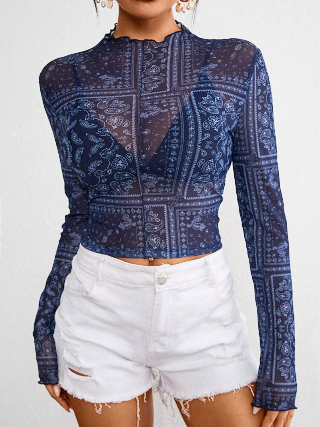 Paisley Mock Neck Long Sleeve Sheer Top Dark Blue / M Dark Blue / XL Dark Blue / S Dark Blue / M-Dark Blue / XL-Dark Blue / S-Dark Blue / L-Dark Blue / 2XL-