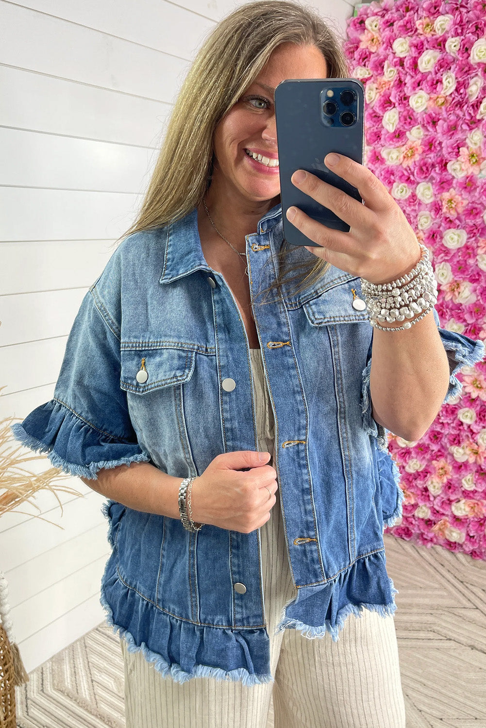 Peacock Blue Ruffled Frayed Short Sleeve Plus Size Denim Jacket Peacock Blue / 1X Peacock Blue / 2X
