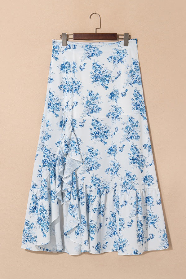 Split Asymmetrical Ruffled Printed Skirt Light Blue / S Light Blue / M Light Blue / L Light Blue / S-Light Blue / M-Light Blue / L-Light Blue / XL-
