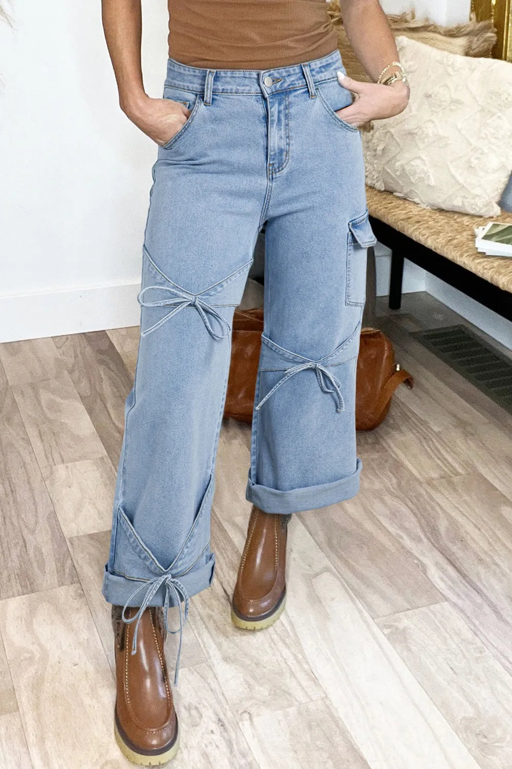 Bowknot Decor Cargo Jeans Light Blue / 6 Light Blue / 8 Light Blue / 10 Light Blue / 6-Light Blue / 8-Light Blue / 10-Light Blue / 12-Light Blue / 14-Light Blue / 16-