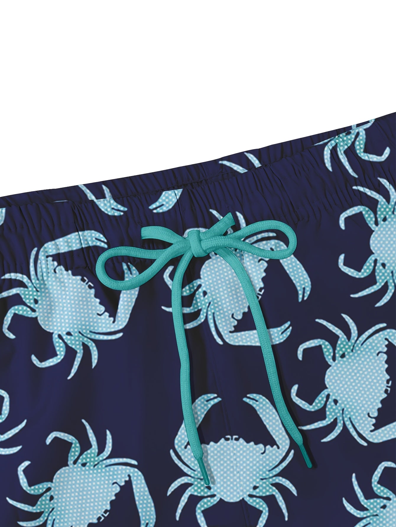 Men's 2-in-1 Digital Print Beach Shorts - Quick-Dry, Casual Navy Blue Crab Pattern with Teal Interior Lining, Drawstring Waist, Side Pockets