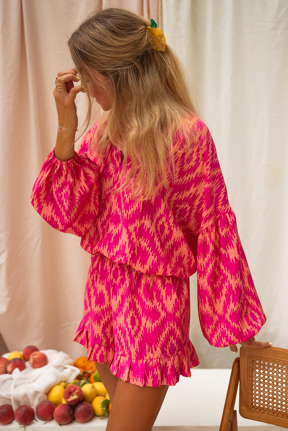 Rose Western Aztec Geometric Print Top and Ruffled Shorts Set Rose / S / 100%Polyester Rose / M / 100%Polyester