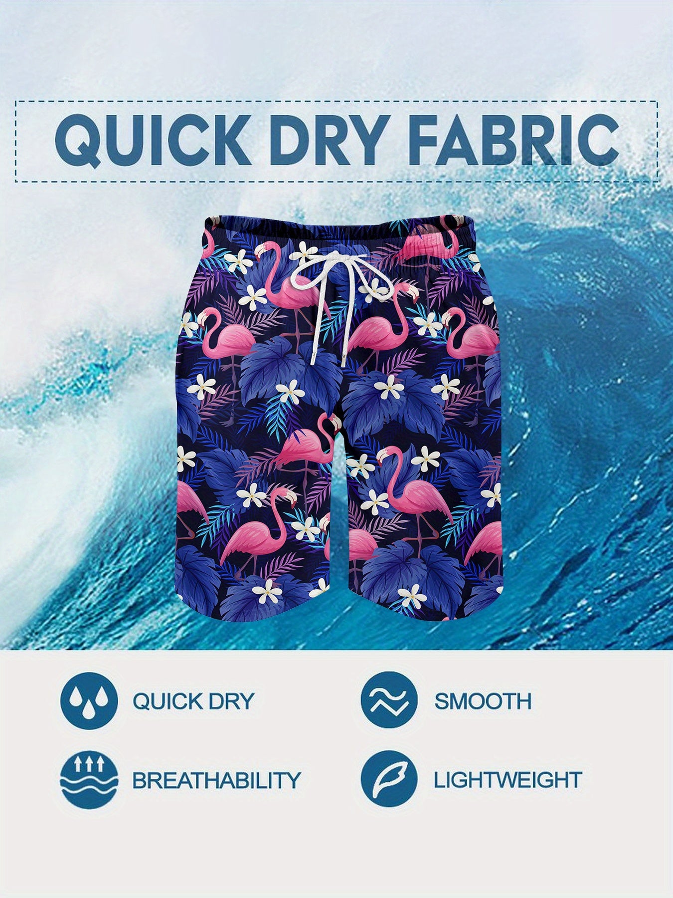 Men'S Tropical Quick-Dry Swim Trunks with Flamingo & Palm Tree Print, Dark Blue Drawstring Beach Shorts with Compression Stretch & Pockets - Casual Sporty Style for Summer, Summer Swimwear | Tropical Print Shorts | Drawstring