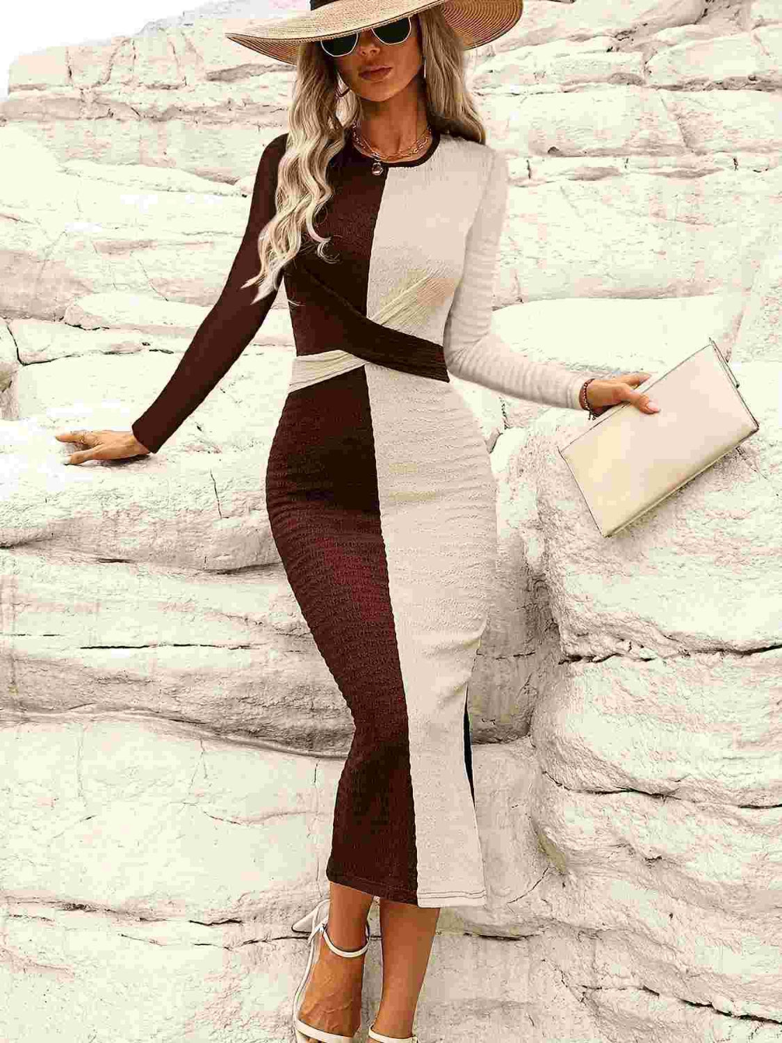 Two Tone Slit Round Neck Long Sleeve Midi Dress Brown / L Brown / M Brown / XL Brown / L-Brown / M-Brown / XL-Brown / S-