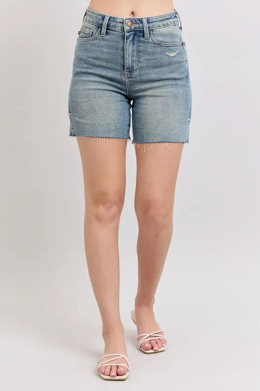 Judy Blue High Waist Vintage Wash Side Slit Denim Shorts MD / L MD / S MD / M MD / L-MD / S-MD / M-MD / 1XL-MD / 2XL-MD / 3XL-
