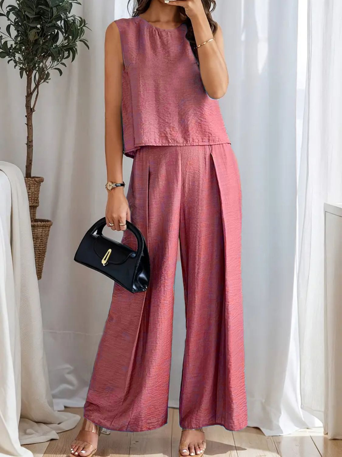 Round Neck Sleeveless Top and Wide Leg Pants Set Tan / 2XL Dusty Blue / S Dusty Blue / M Tan / 2XL-Dusty Blue / S-Dusty Blue / M-Dusty Blue / L-Dusty Blue / XL-Dusty Blue / 2XL-Black / S-Black / M-Black / L-Air Force Blue / S-Black / XL-Black / 2XL-Moonlit Mauve / S-Air Force Blue / M-Moonlit Mauve / M-Moonlit Mauve / L-Moonlit Mauve / XL-Moonlit Mauve / 2XL-Air Force Blue / L-Air Force Blue / XL-Air Force Blue / 2XL-Tan / S-Tan / M-Tan / L-Tan / XL-