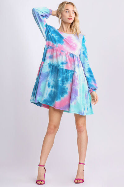 Umgee Full Size Tie Dye Round Neck Long Sleeve Babydoll Tiered Dress Plus Size TEAL/PINK / S TEAL/PINK / M TEAL/PINK / L TEAL/PINK / S-TEAL/PINK / M-TEAL/PINK / L-TEAL/PINK / XL-TEAL/PINK / 1XL-TEAL/PINK / 2XL-