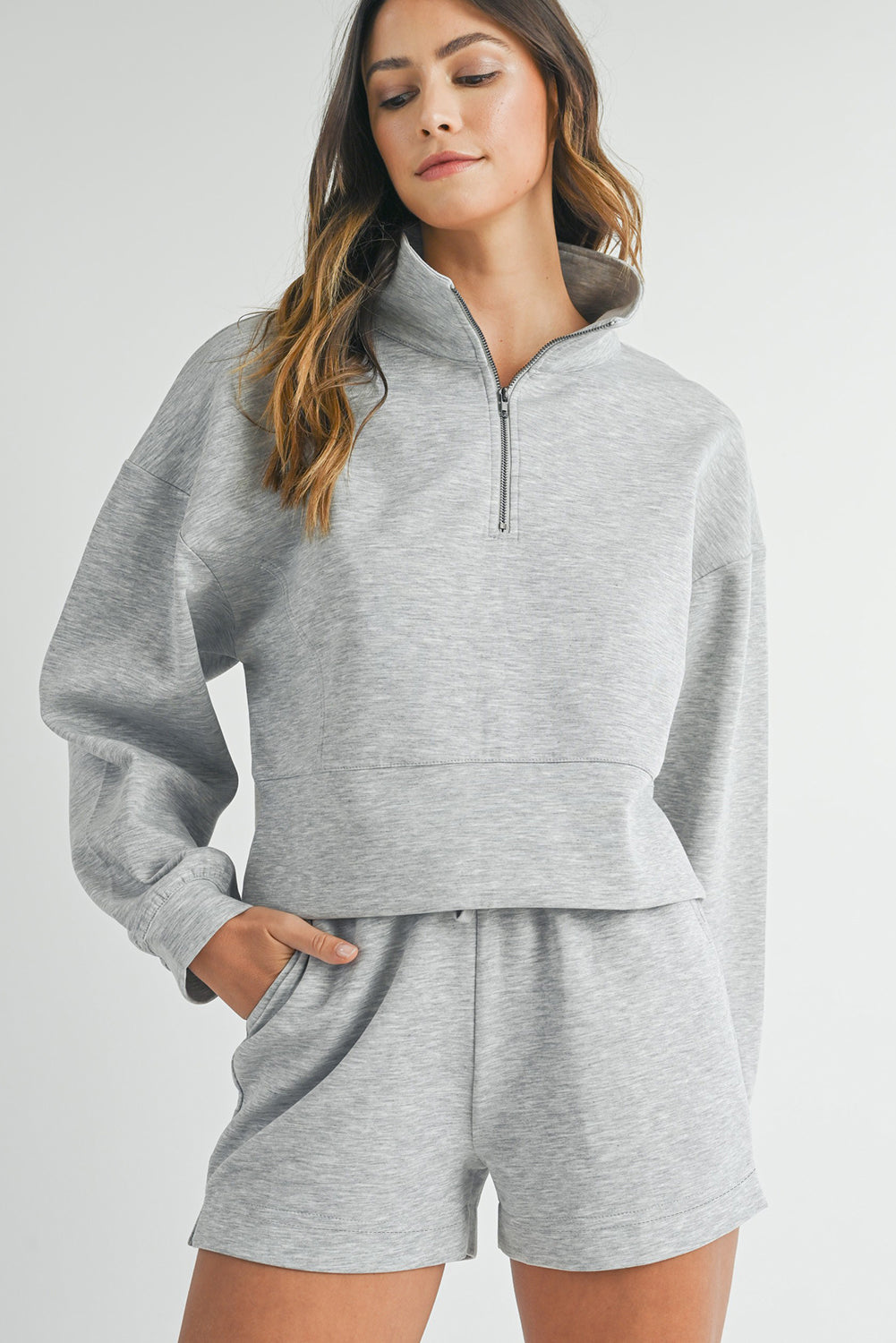 Light Grey Stand Neck Zipped Sweatshirt and Shorts Set Light Grey / S / 50%Polyester+45%Viscose+5%Elastane Light Grey / M / 50%Polyester+45%Viscose+5%Elastane