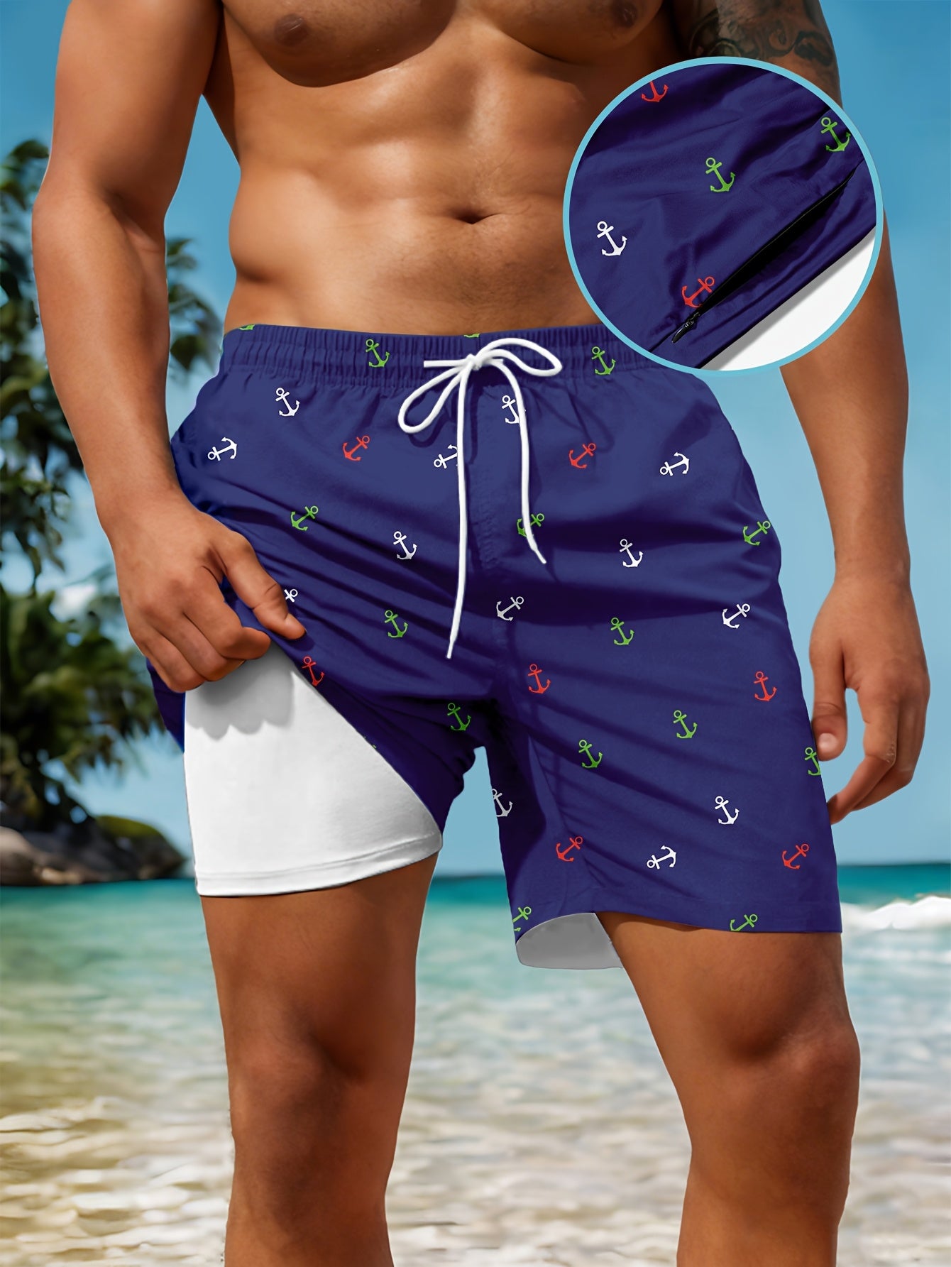 Men'S Swim Trunk With Compression Liner Navy Blue Anchor PrintQuick Dry Board Sh