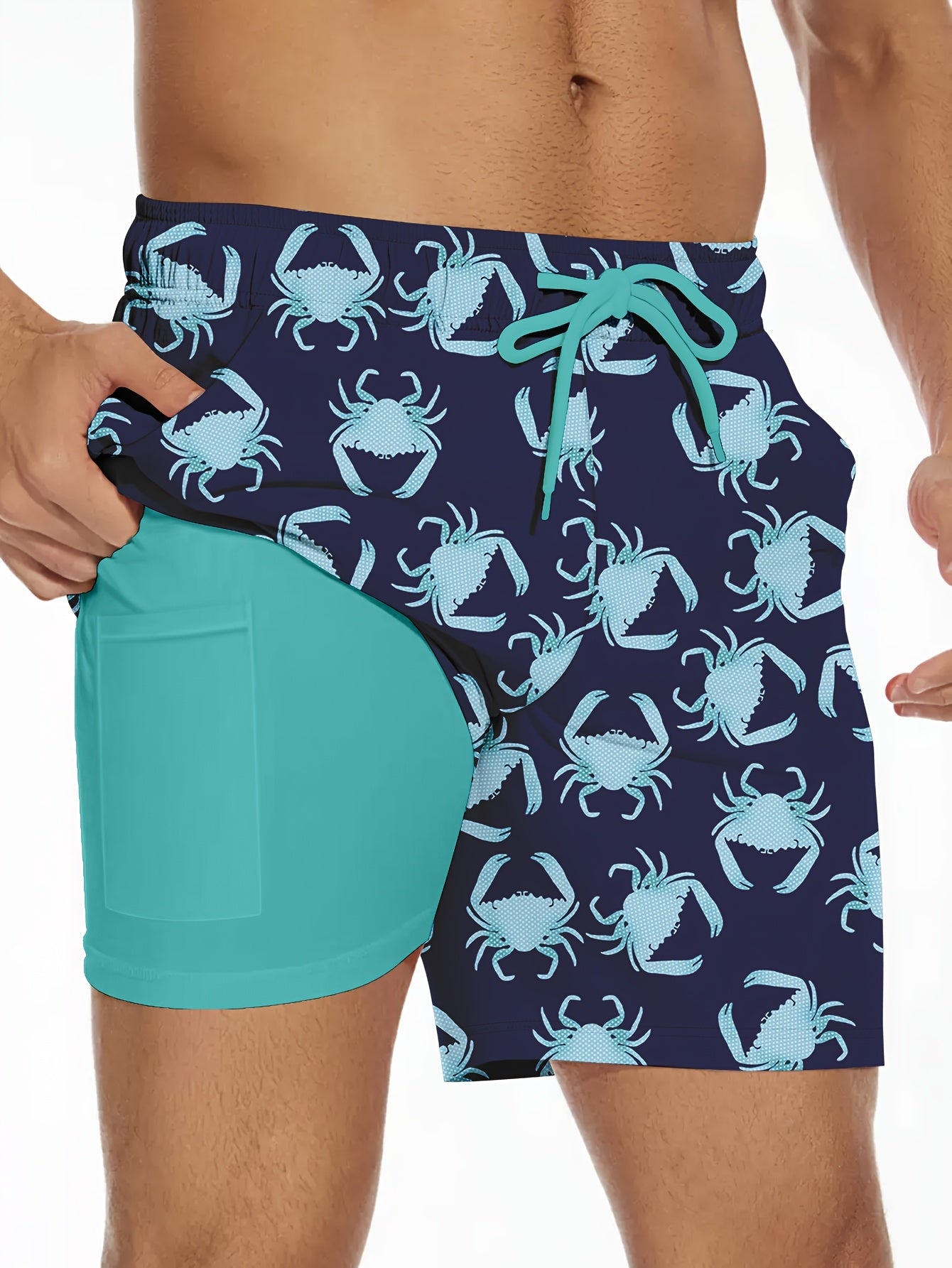 Men's 2-in-1 Digital Print Beach Shorts - Quick-Dry, Casual Navy Blue Crab Pattern with Teal Interior Lining, Drawstring