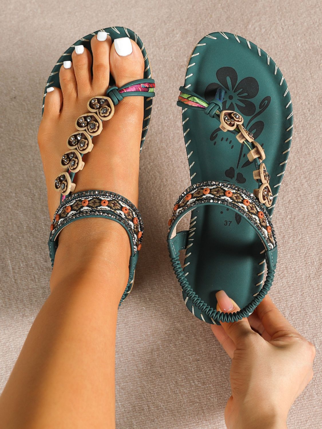 Toe Loop PU Leather Flats Sandals Dark Green