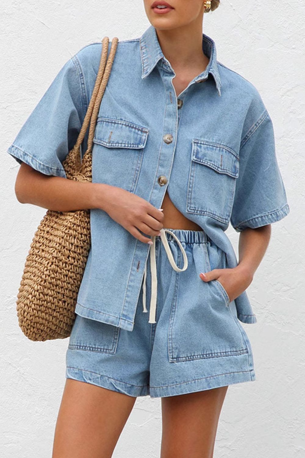 Collared Neck Button Up Top and Shorts Denim Set Light / S Light / M