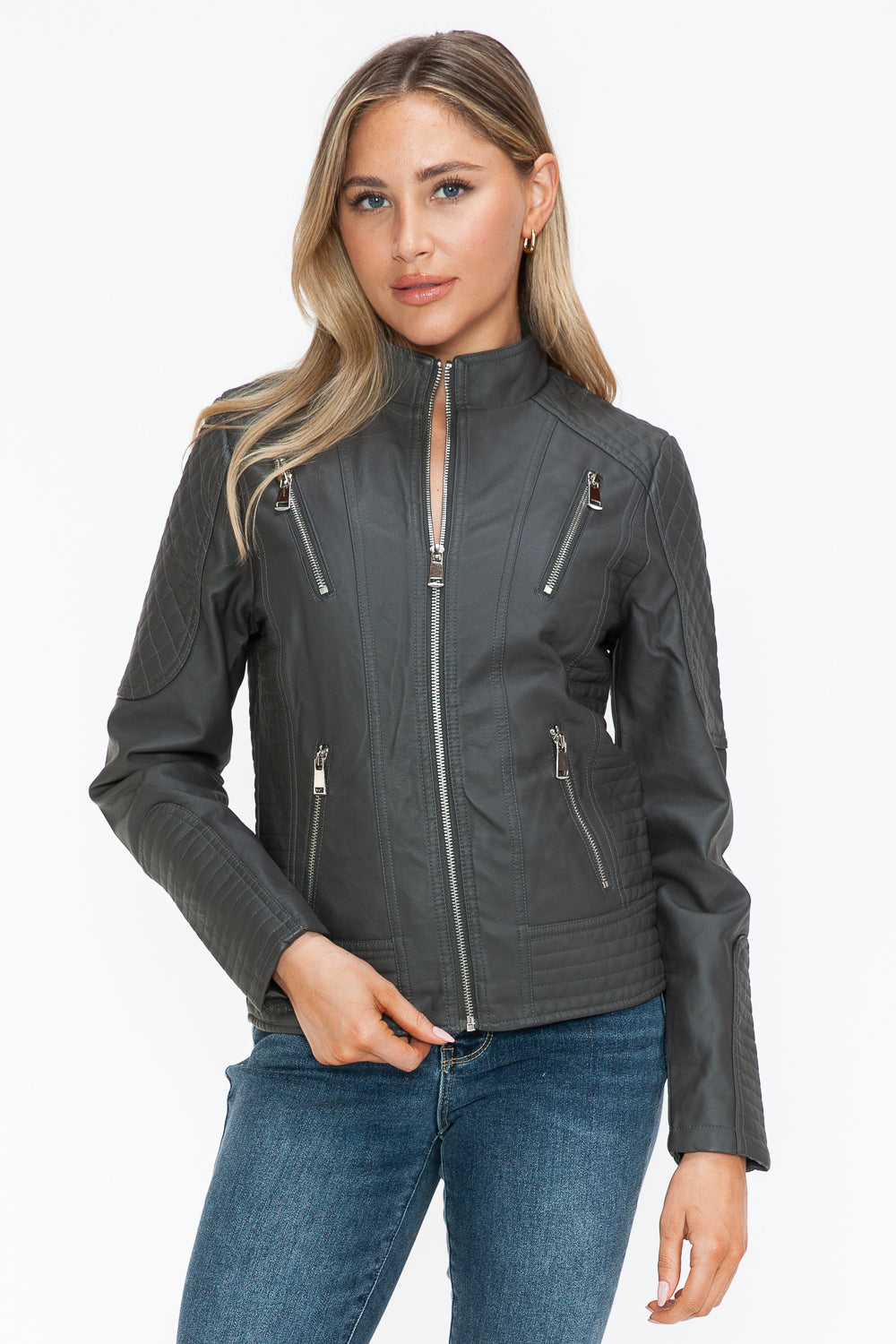 Snobbish Faux Leather Zip Up Mock Neck Jacket Charcoal / S Charcoal / M