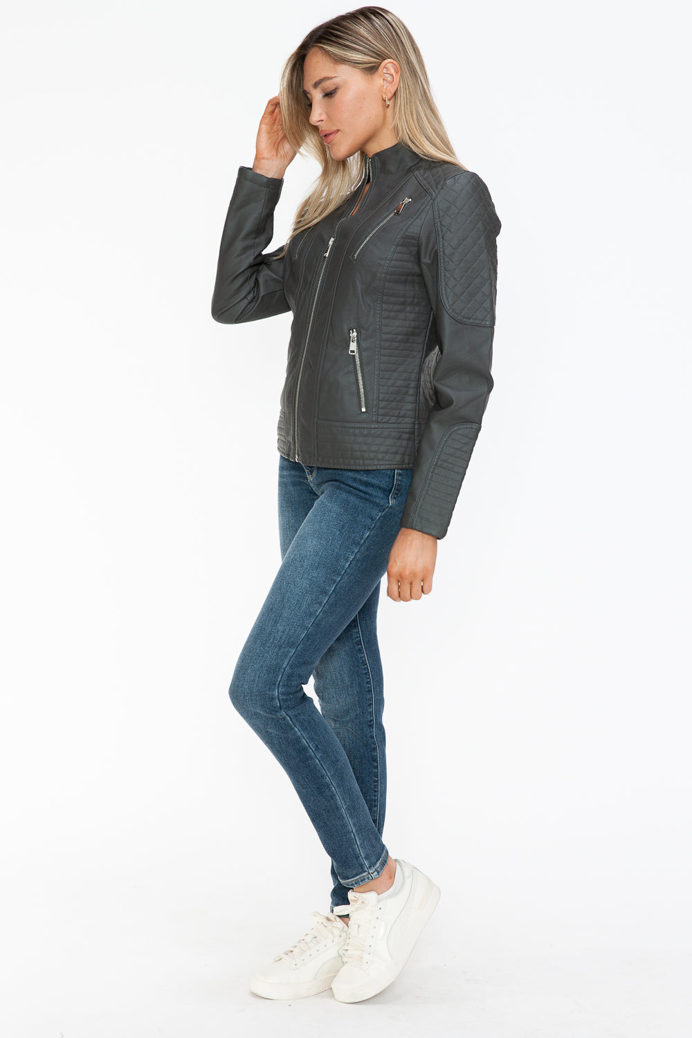 Snobbish Faux Leather Zip Up Mock Neck Jacket Charcoal / S Charcoal / M
