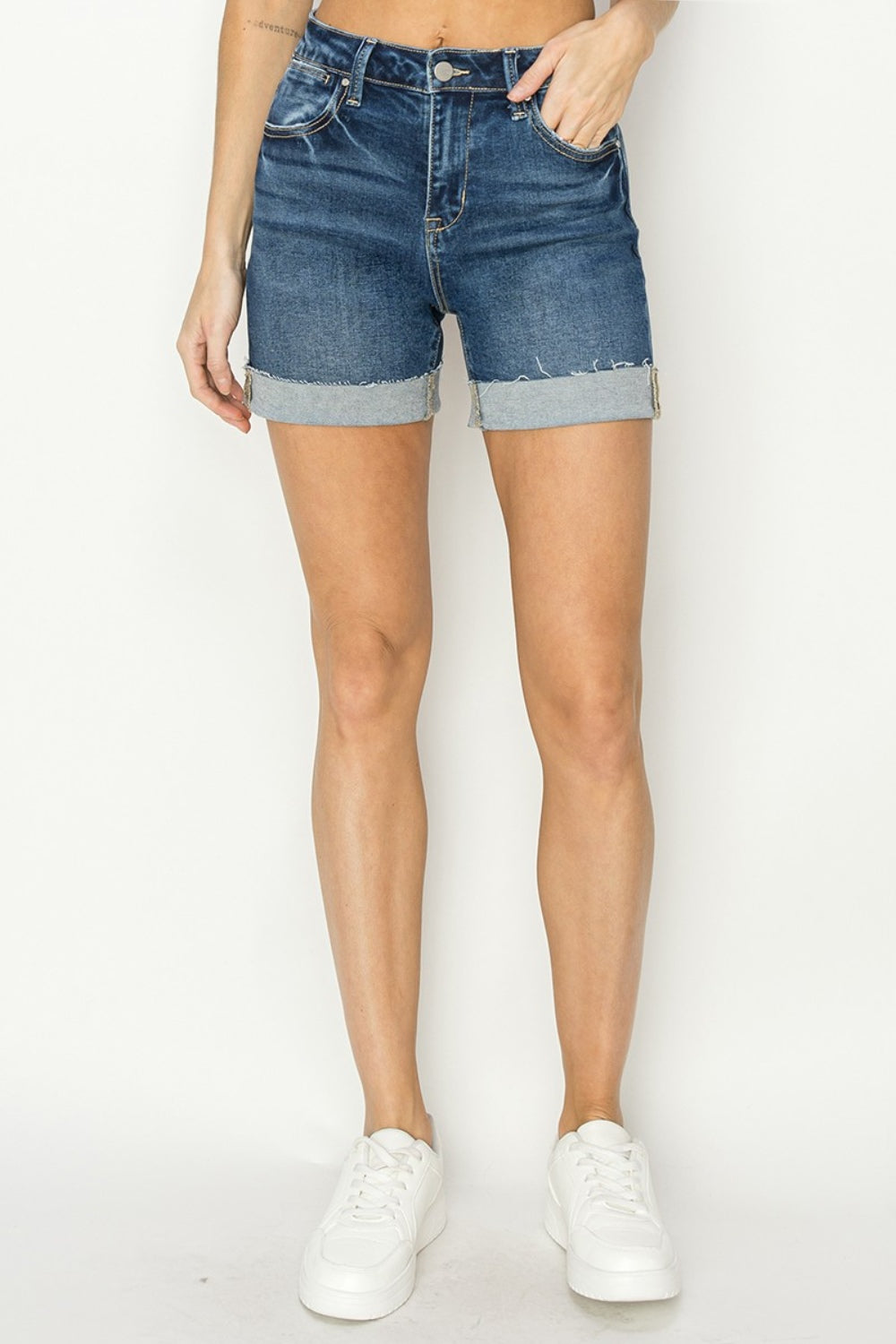 RISEN High Rise Cuffed Denim Shorts Dark / S Dark / M