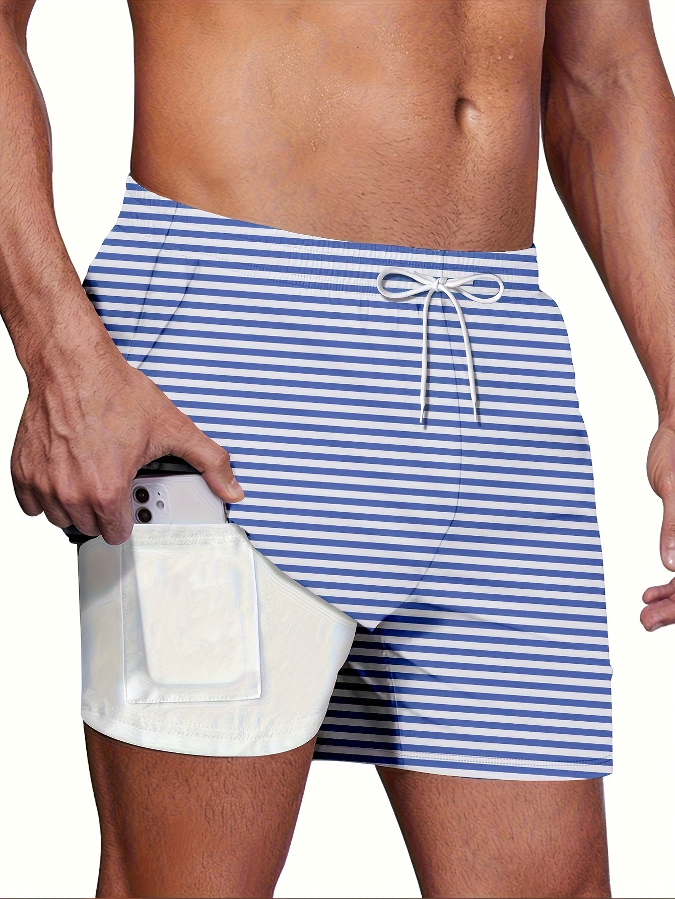 Men's Quick-Dry Swim Trunk with Compression Liner - Vibrant Yellow & Black Striped Beach Board Shorts, Regular Fit for Swimming, Surfing & Summer