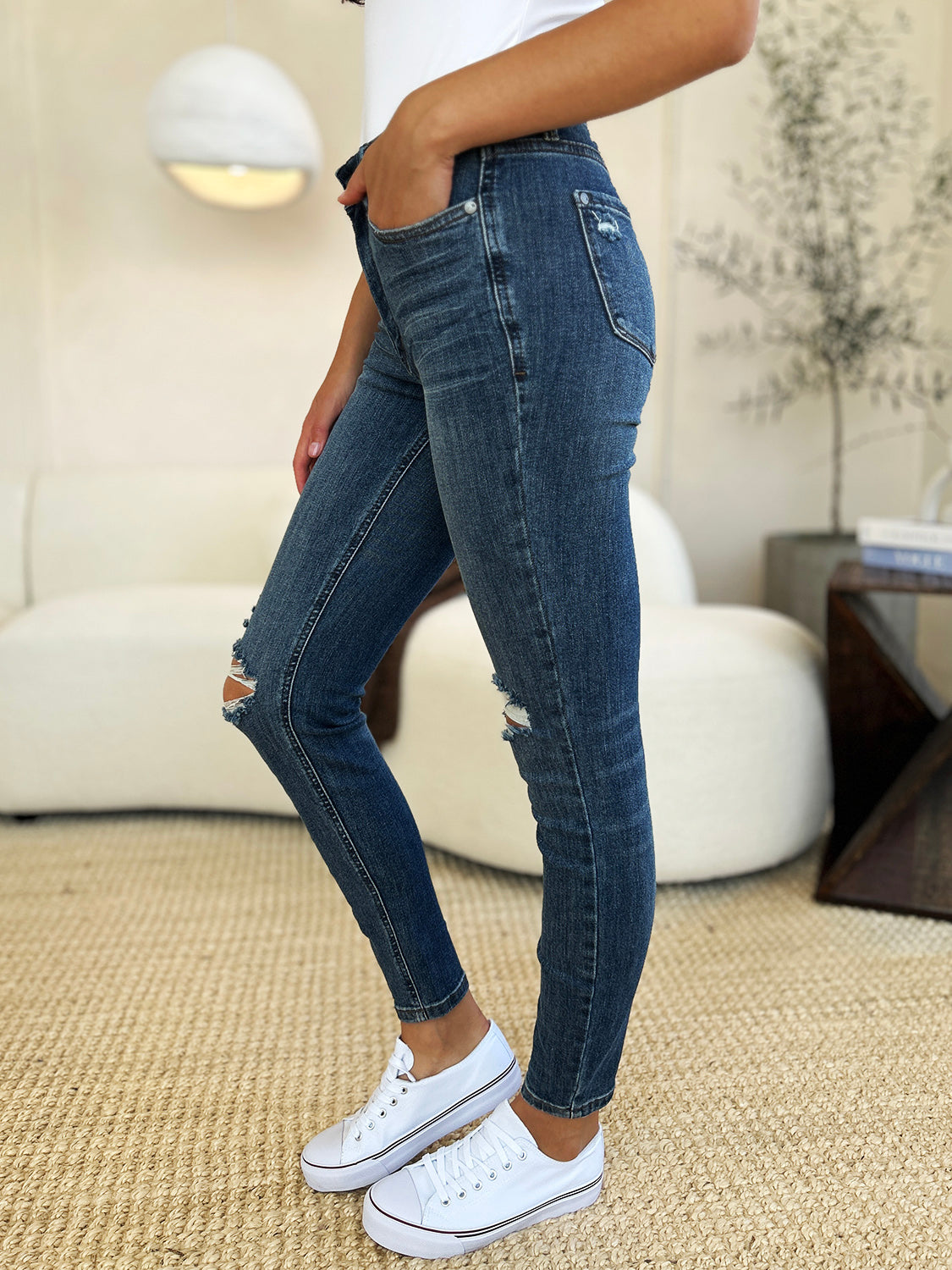 Judy Blue Full Size Mid Waist Distressed Slim Jeans Dark / 0 Dark / 1