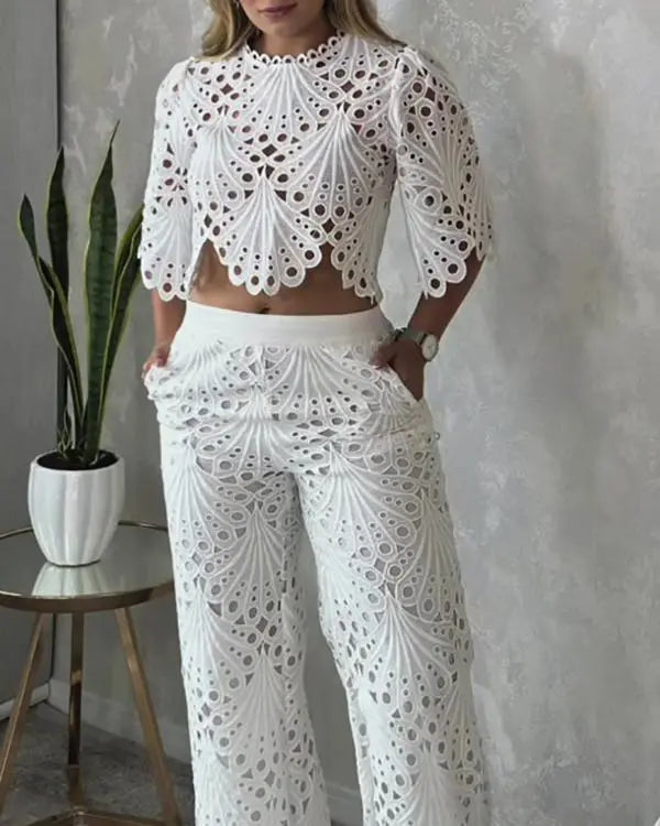 2 Pieces Outfit Lace Hollow Out Crop Top and Casual Slim Fit Straight Leg Pants Set white / S(4) white / M(6) white / L(8-10) white / S(4)-white / M(6)-white / L(8-10)-white / XL(12)-
