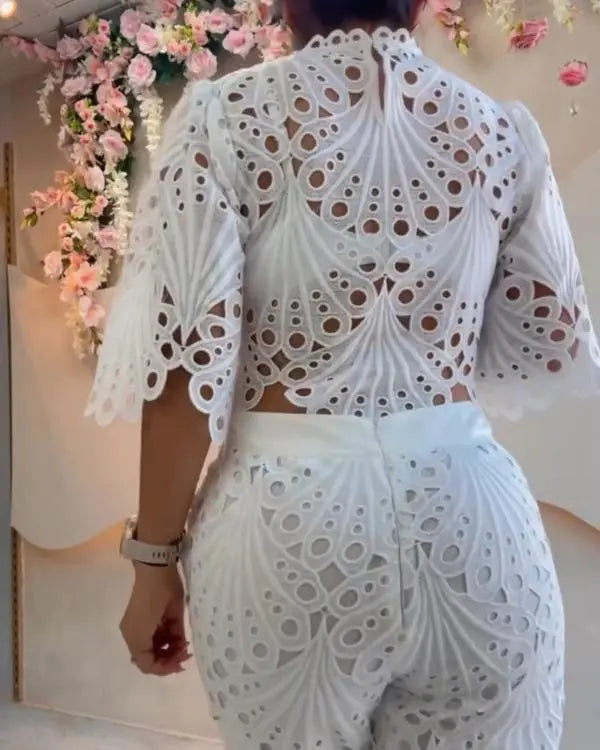 2 Pieces Outfit Lace Hollow Out Crop Top and Casual Slim Fit Straight Leg Pants Set white / S(4) white / M(6) white / L(8-10) white / S(4)-white / M(6)-white / L(8-10)-white / XL(12)-