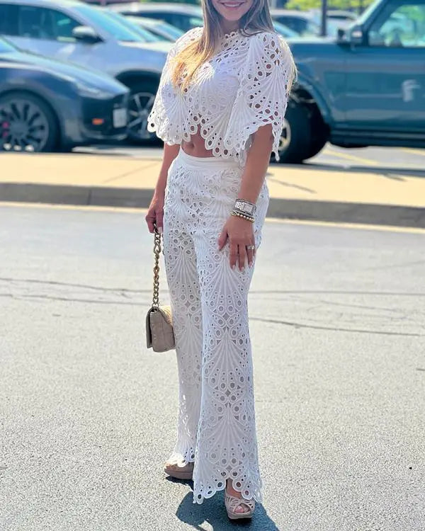 2 Pieces Outfit Lace Hollow Out Crop Top and Casual Slim Fit Straight Leg Pants Set white / S(4) white / M(6) white / L(8-10) white / S(4)-white / M(6)-white / L(8-10)-white / XL(12)-