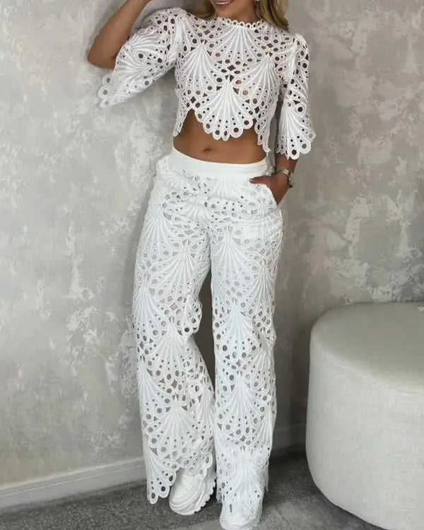 2 Pieces Outfit Lace Hollow Out Crop Top and Casual Slim Fit Straight Leg Pants Set white / S(4) white / M(6) white / L(8-10) white / S(4)-white / M(6)-white / L(8-10)-white / XL(12)-