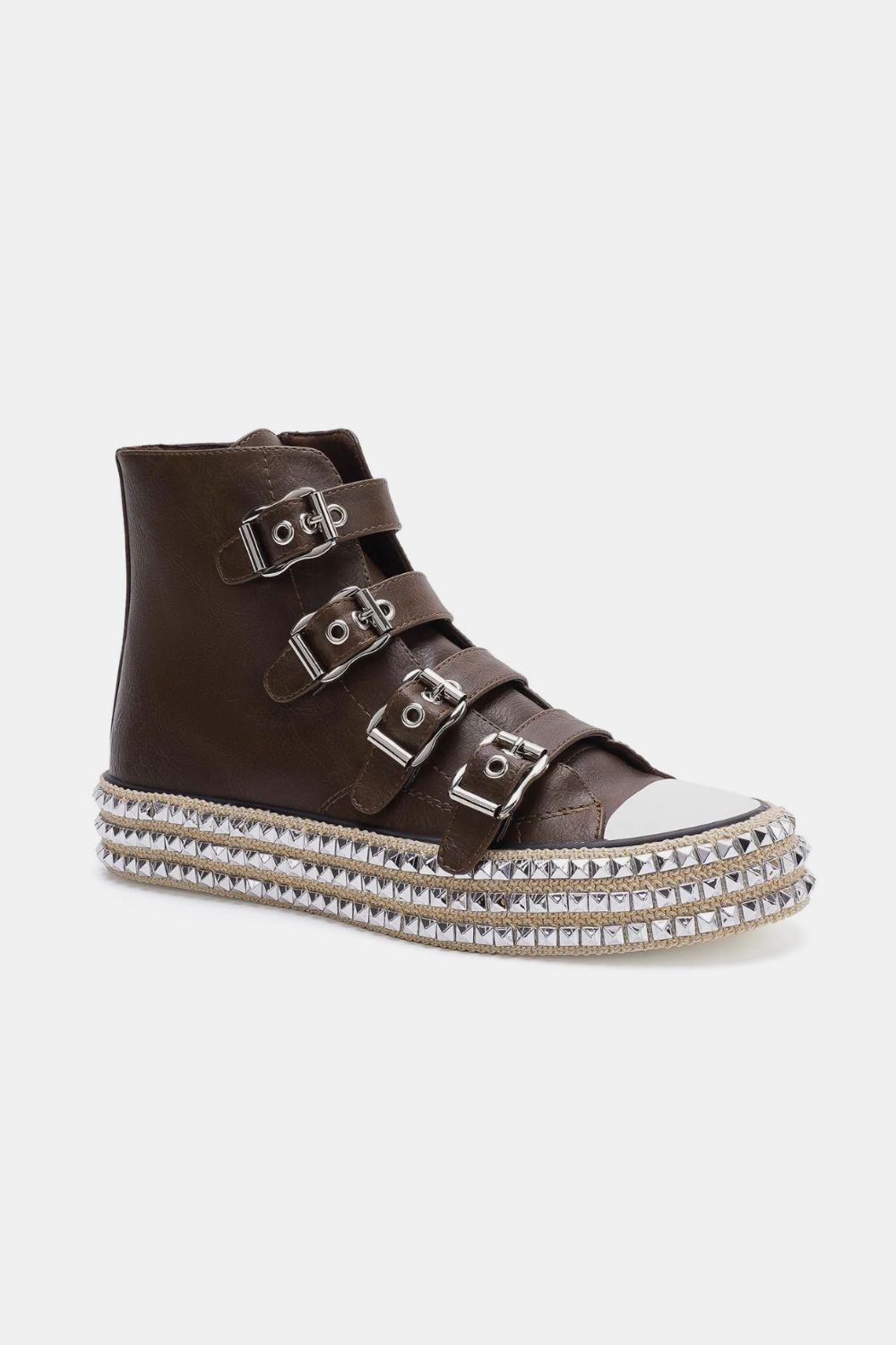 Beast Fashion Multi-Buckle Straps Studded Platform Sneakers Dark Brown / 5.5 Dark Brown / 6
