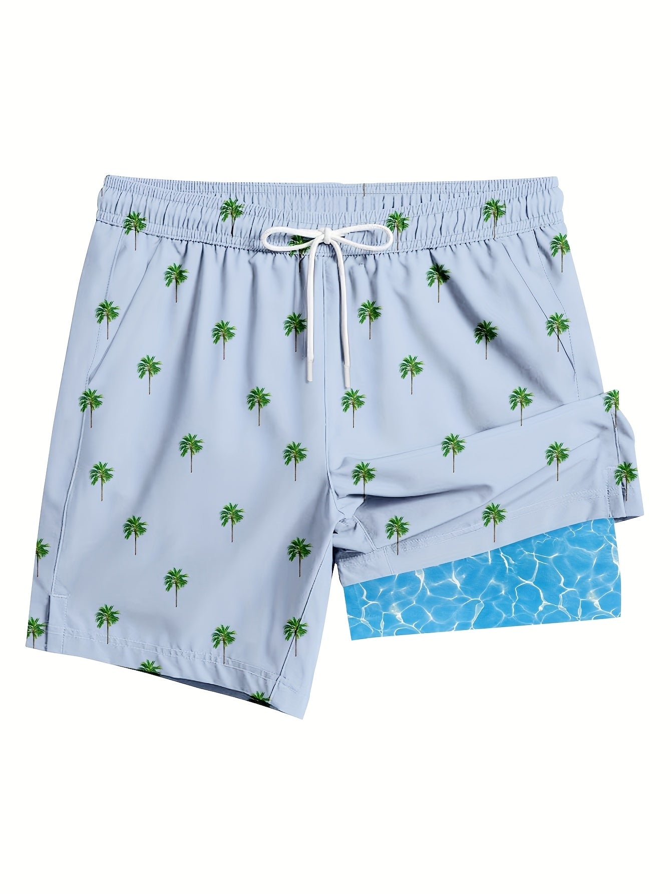 Men's Quick-Dry Swim Trunks with Pockets - 2-in-1 Design, Coconut Tree & Camo Print, Drawstring Waist
