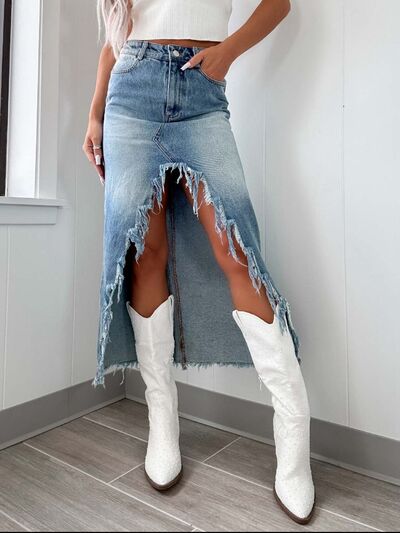 High-Waist Raw Hem Asymmetry Denim Skirt Light / S Light / M Light / L Light / S-Light / M-Light / L-Light / XL-Light / 2XL-