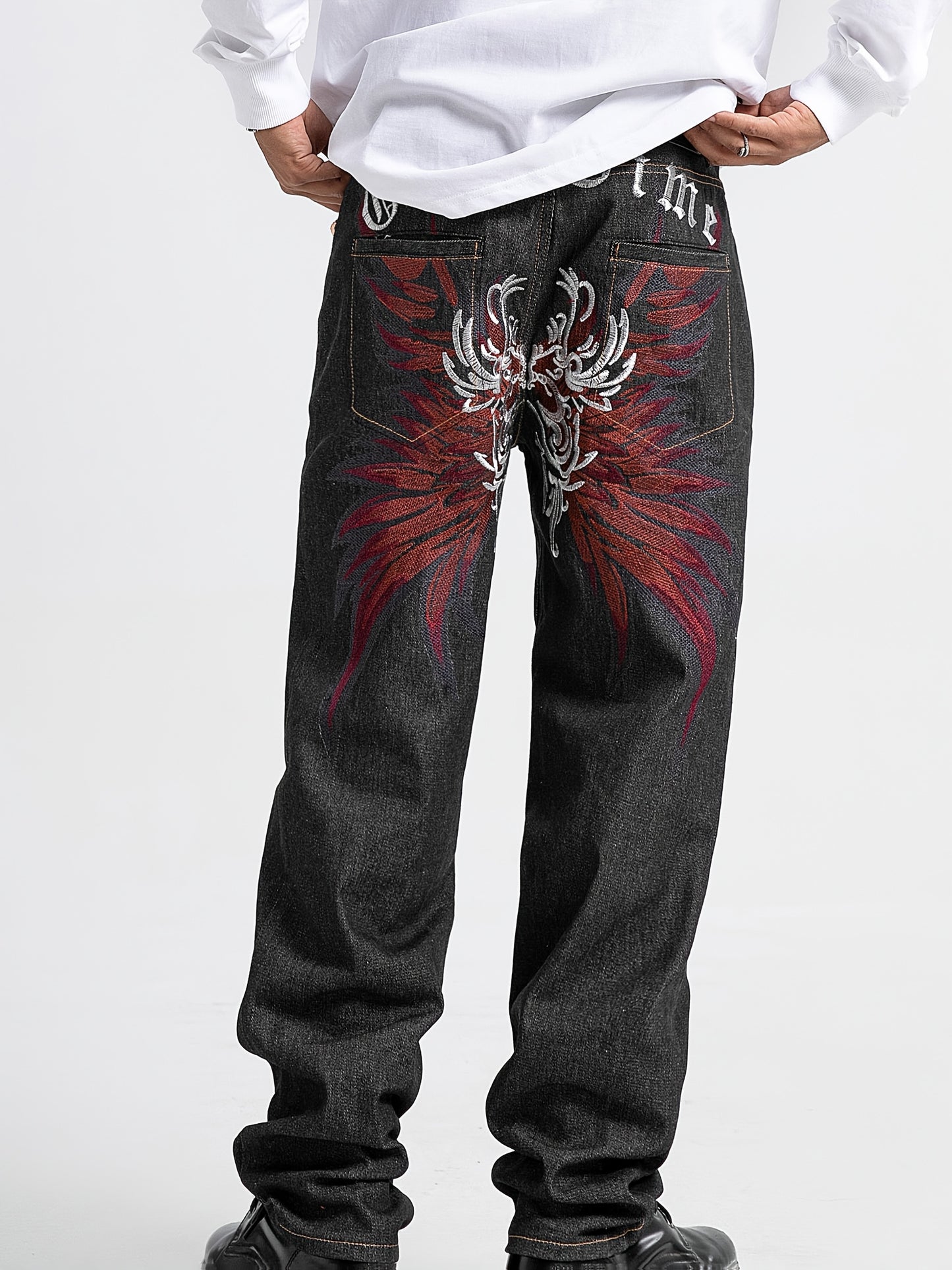 Men's Embroidered Straight-Leg Jeans - Rayon Blend, Non-Stretch Denim 30 / Black 32 / Black 34 / Black 30 / Black-32 / Black-34 / Black-36 / Black-38 / Black-40 / Black-42 / Black-