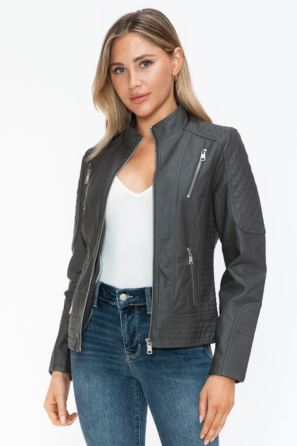 Snobbish Faux Leather Zip Up Mock Neck Jacket Charcoal / S Charcoal / M