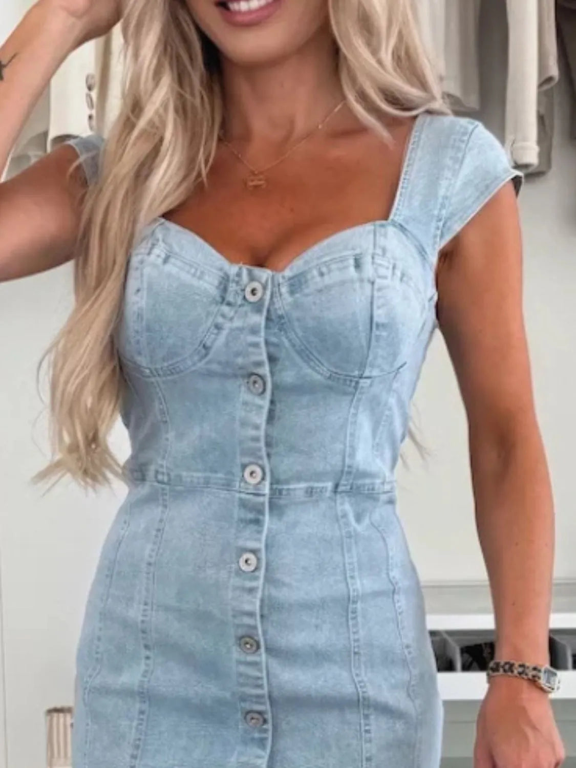 Sweetheart Neck Cap Sleeve Denim Dress Light Blue / S Black / L Black / S Light Blue / S-Black / L-Black / S-Light Blue / M-Light Blue / L-Light Blue / XL-Black / M-Black / XL-
