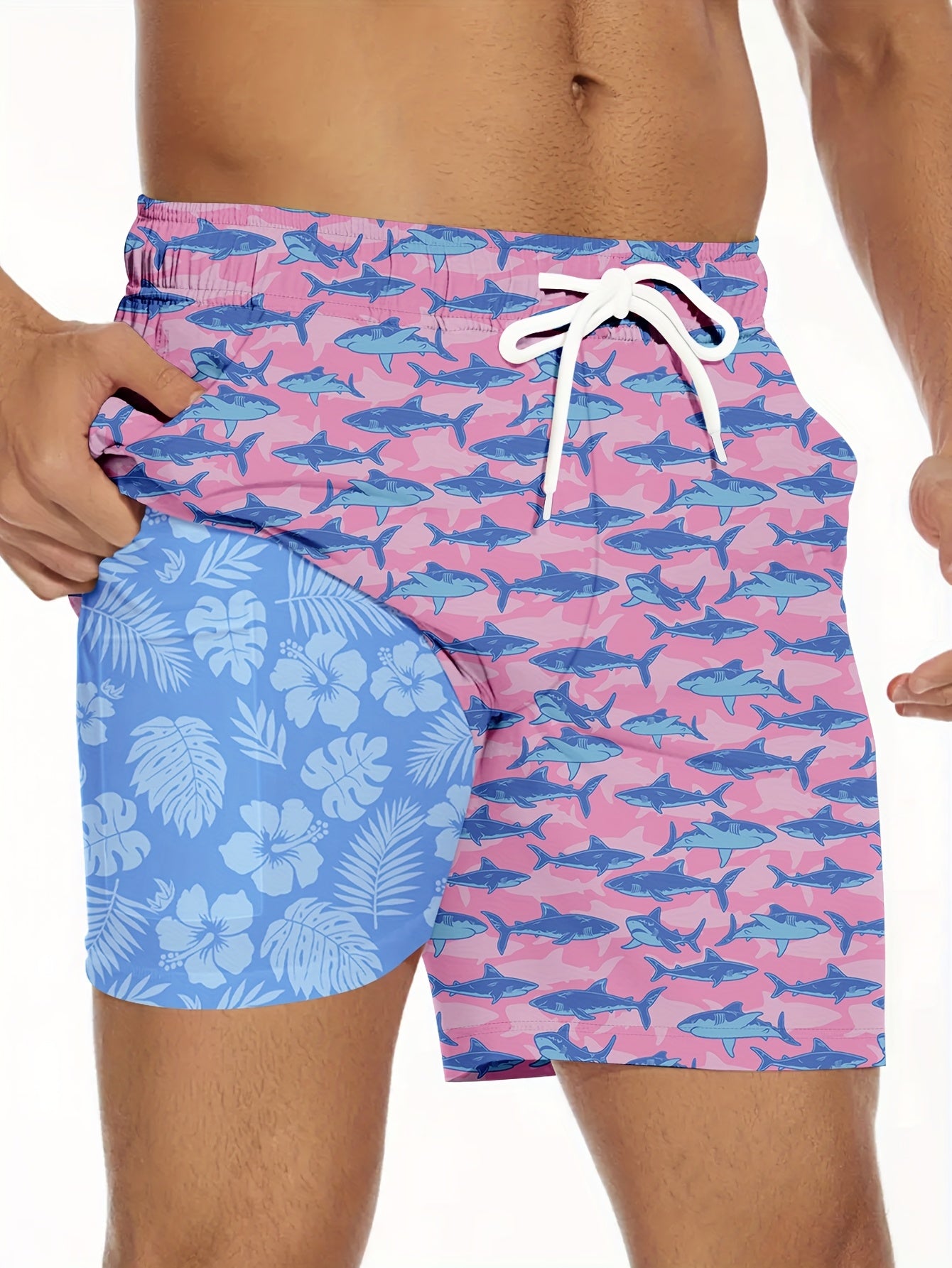 Men'S Summer Double-Layer Anti-Glare Beach Shorts, Casual Non-Stretch Fabric, Regular Fit with Flamingo Print