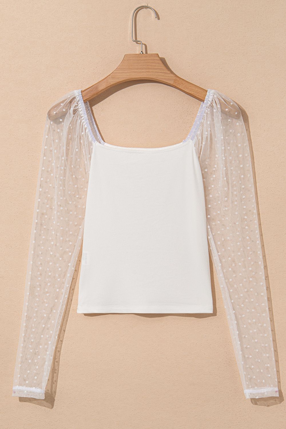 Swiss Dot Mesh Long Sleeve Square Neck Slim Top White / L White / M White / XL White / L-White / M-White / XL-White / S-