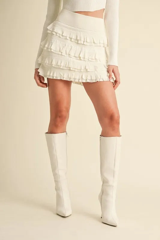 MABLE Ruffled Detail High Waist Knit Mini Skirt Cream / M Cream / S Cream / L Cream / M-Cream / S-Cream / L-