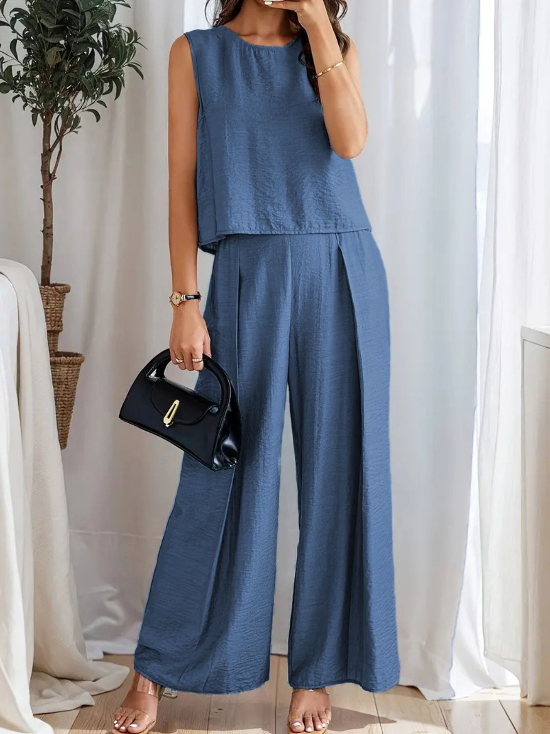 Round Neck Sleeveless Top and Wide Leg Pants Set Tan / 2XL Dusty Blue / S Dusty Blue / M Tan / 2XL-Dusty Blue / S-Dusty Blue / M-Dusty Blue / L-Dusty Blue / XL-Dusty Blue / 2XL-Black / S-Black / M-Black / L-Air Force Blue / S-Black / XL-Black / 2XL-Moonlit Mauve / S-Air Force Blue / M-Moonlit Mauve / M-Moonlit Mauve / L-Moonlit Mauve / XL-Moonlit Mauve / 2XL-Air Force Blue / L-Air Force Blue / XL-Air Force Blue / 2XL-Tan / S-Tan / M-Tan / L-Tan / XL-