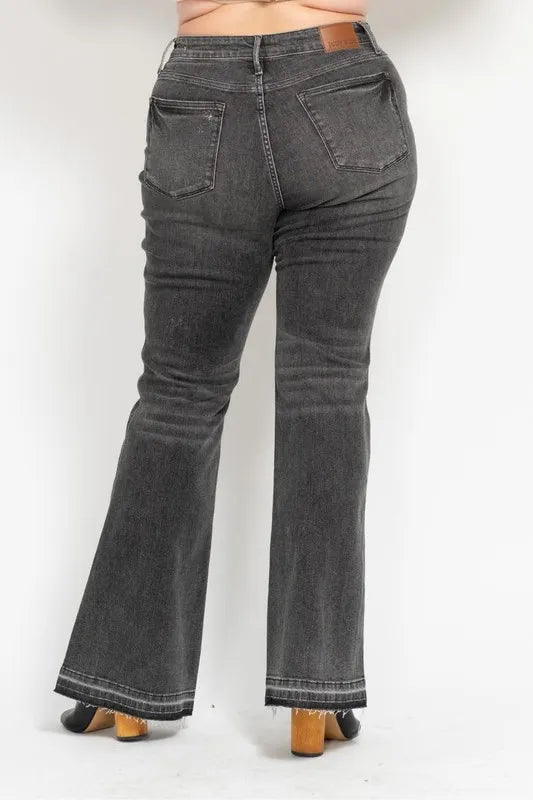 Judy Blue Full Size Midi Rise Tummy Control Washed Gray Release Hem Flare Jeans Plus Size GRY / 11(30) GRY / 5(27) GRY / 0(24) GRY / 11(30)-GRY / 5(27)-GRY / 0(24)-GRY / 1(25)-GRY / 3(26)-GRY / 7(28)-GRY / 9(29)-GRY / 13(31)-GRY / 15(32)-GRY / 14W-GRY / 16W-GRY / 18W-GRY / 20W-GRY / 22W-GRY / 24W-