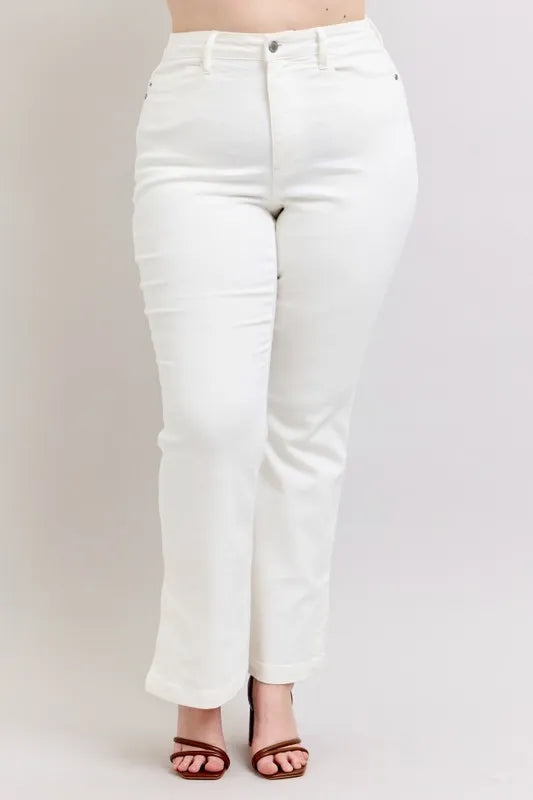Judy Blue Full Size High Waist Side Slit Slim Bootcut Jeans Plus Size WHT / 14W WHT / 11(30) WHT / 0(24) WHT / 14W-WHT / 11(30)-WHT / 0(24)-WHT / 1(25)-WHT / 3(26)-WHT / 5(27)-WHT / 7(28)-WHT / 9(29)-WHT / 13(31)-WHT / 15(32)-WHT / 16W-WHT / 18W-WHT / 20W-WHT / 22W-WHT / 24W-