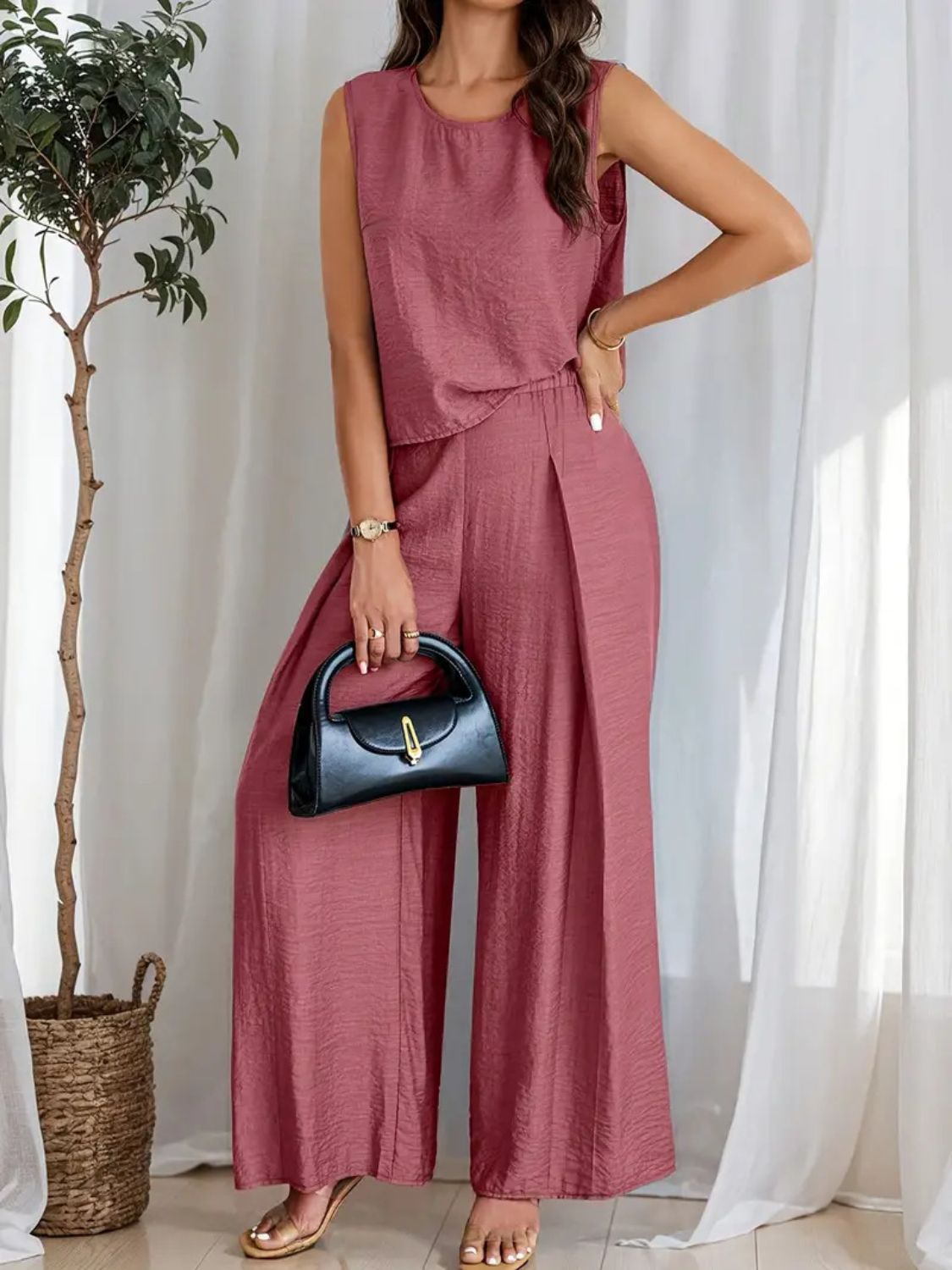 Round Neck Sleeveless Top and Wide Leg Pants Set Tan / 2XL Dusty Blue / S Dusty Blue / M Tan / 2XL-Dusty Blue / S-Dusty Blue / M-Dusty Blue / L-Dusty Blue / XL-Dusty Blue / 2XL-Black / S-Black / M-Black / L-Air Force Blue / S-Black / XL-Black / 2XL-Moonlit Mauve / S-Air Force Blue / M-Moonlit Mauve / M-Moonlit Mauve / L-Moonlit Mauve / XL-Moonlit Mauve / 2XL-Air Force Blue / L-Air Force Blue / XL-Air Force Blue / 2XL-Tan / S-Tan / M-Tan / L-Tan / XL-