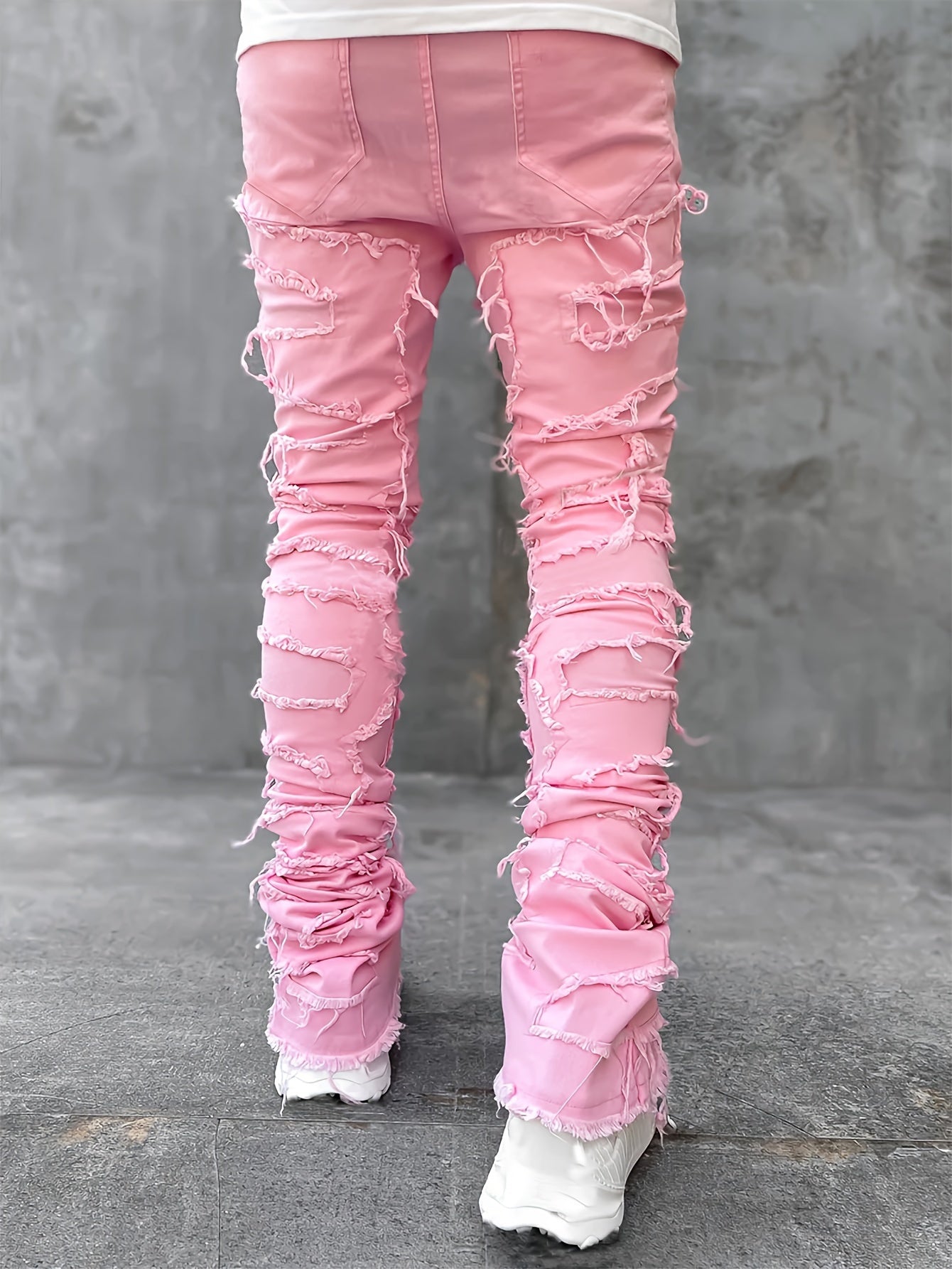 Men's Slim-Fit Stretch Denim Jeans with Raw Trim & Tassel Details - Distressed Street Style Hip-Hop Pink / S Pink / M Pink / L Pink / S-Pink / M-Pink / L-Pink / XL-Pink / XXL-