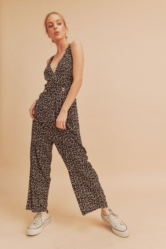 Aemi + Co Ditsy Floral Surplice Sleeveless Wide Leg Jumpsuit Black / S Black / M Black / L Black / S-Black / M-Black / L-