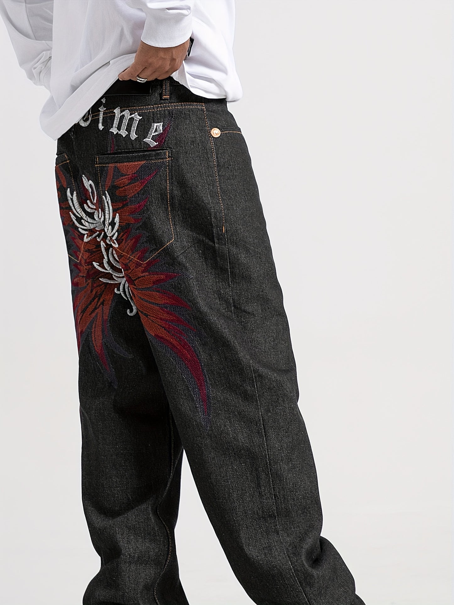 Men's Embroidered Straight-Leg Jeans - Rayon Blend, Non-Stretch Denim 30 / Black 32 / Black 34 / Black 30 / Black-32 / Black-34 / Black-36 / Black-38 / Black-40 / Black-42 / Black-