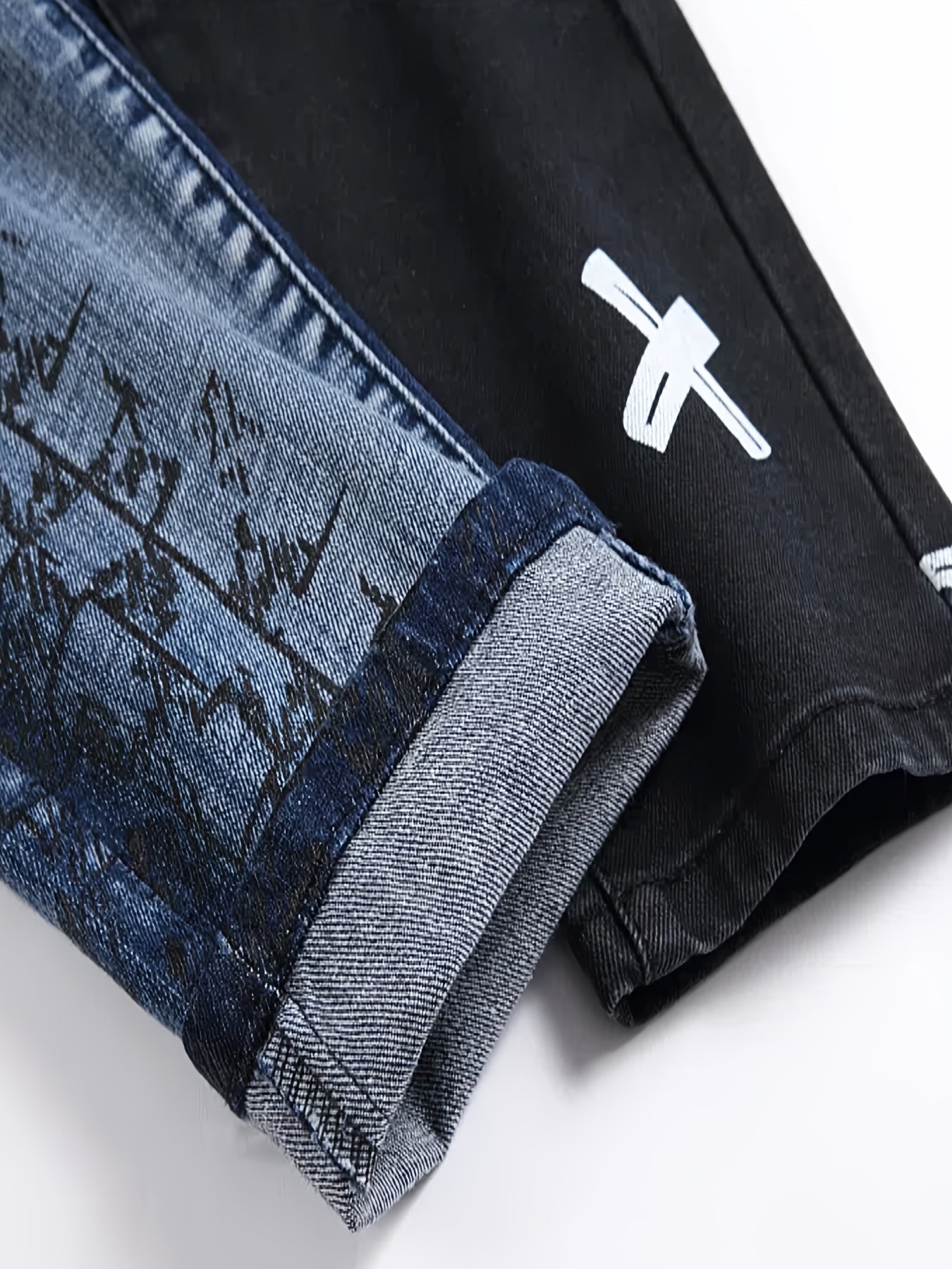 Men'S Ripped Letter Print Stretch Straight Slim Patchwork Jeans Comfortable Indigo / 30 Indigo / 32 Indigo / 34 Indigo / 30-Indigo / 32-Indigo / 34-Indigo / 36-Indigo / 38-