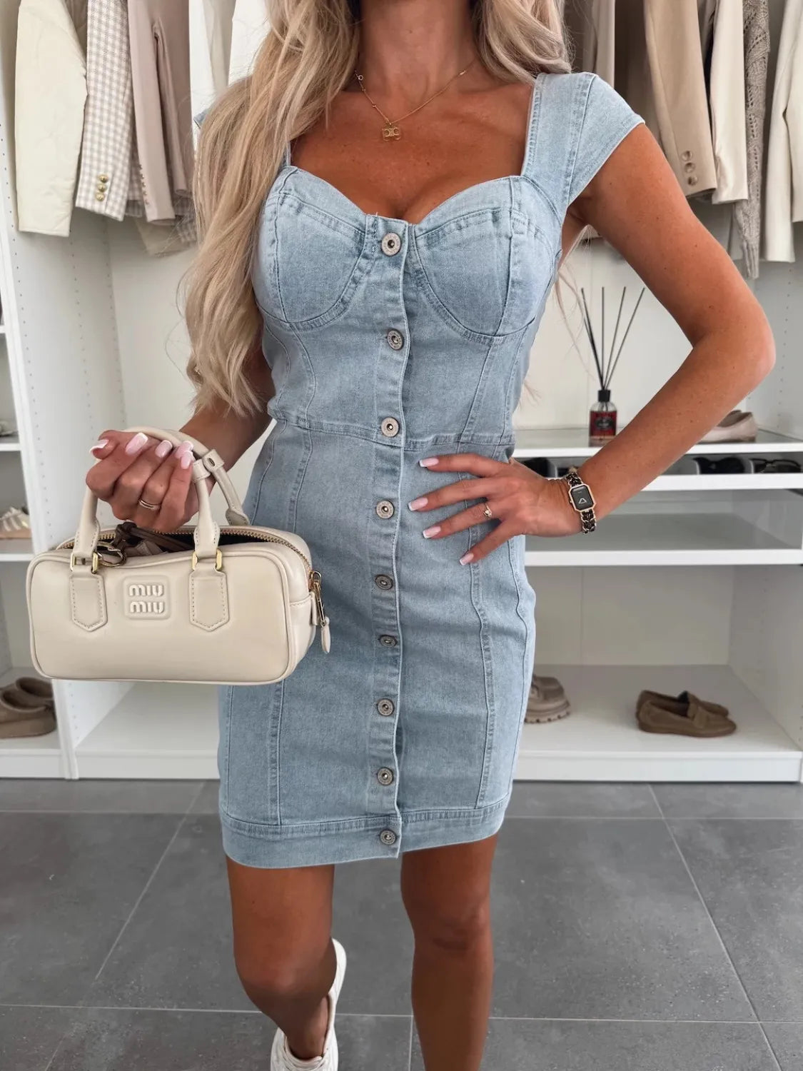 Sweetheart Neck Cap Sleeve Denim Dress Light Blue / S Black / L Black / S Light Blue / S-Black / L-Black / S-Light Blue / M-Light Blue / L-Light Blue / XL-Black / M-Black / XL-