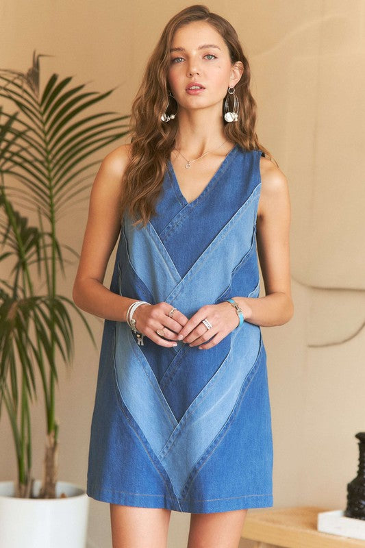 ADORA Chevron Color Block V-Neck Denim Dress Denim / S Denim / M Denim / L Denim / S-Denim / M-Denim / L-