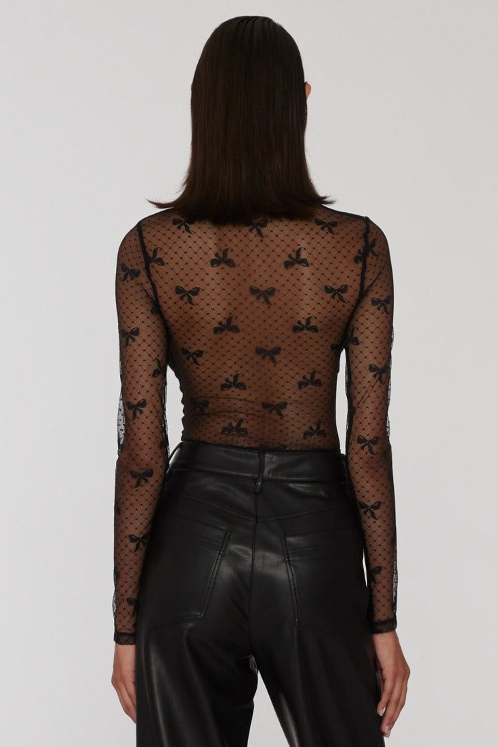 Black Bow Pattern Accent Mesh Long Sleeve Top Black / S / 90%Polyamide+10%Elastane Black / M / 90%Polyamide+10%Elastane Black / L / 90%Polyamide+10%Elastane Black / S / 90%Polyamide+10%Elastane-Black / M / 90%Polyamide+10%Elastane-Black / L / 90%Polyamide+10%Elastane-Black / XL / 90%Polyamide+10%Elastane-