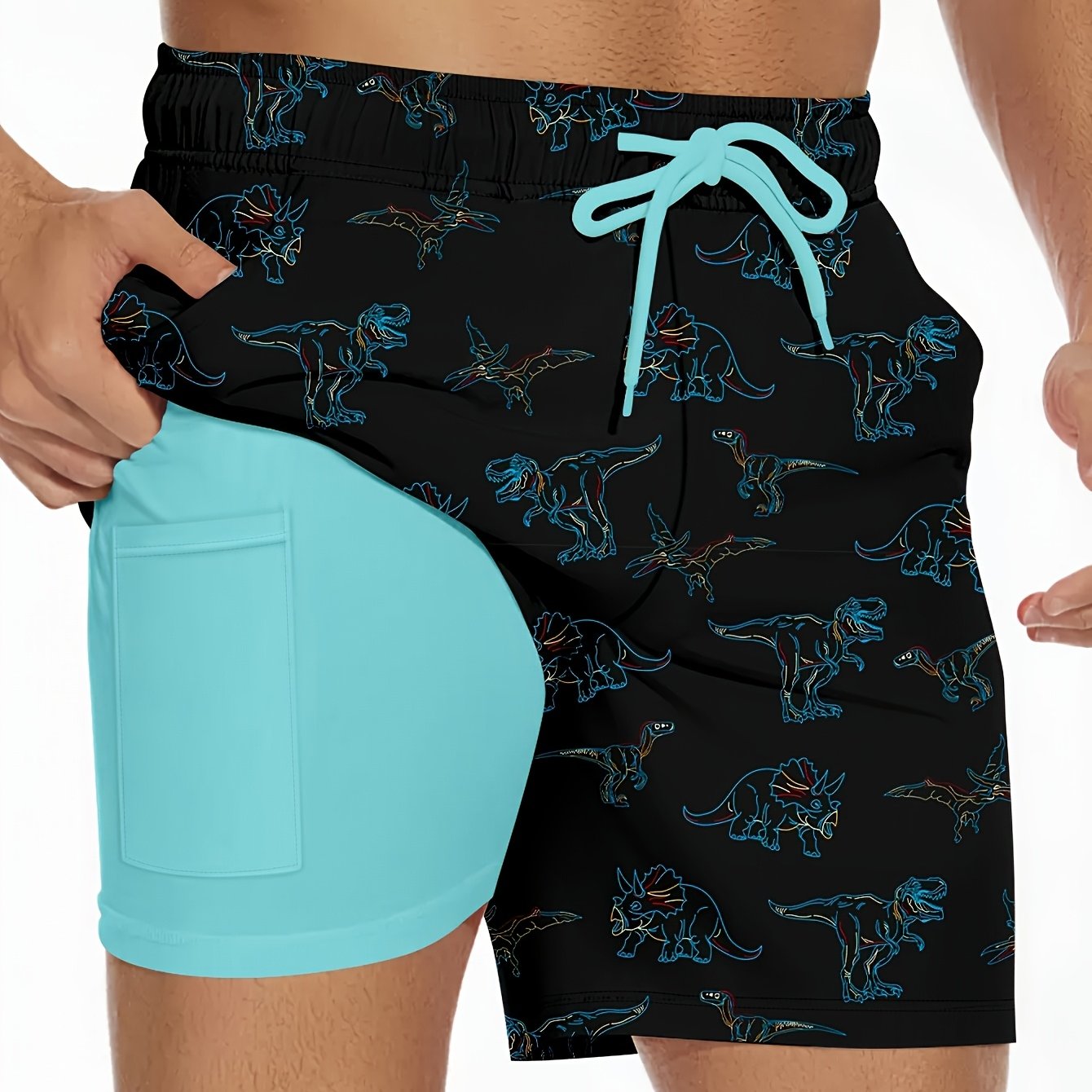 2-in-1 Quick-Dry Men's Swim Trunks | Dinosaur Print Board Shorts with Adjustable Drawstring Waist, Black with Blue Accents