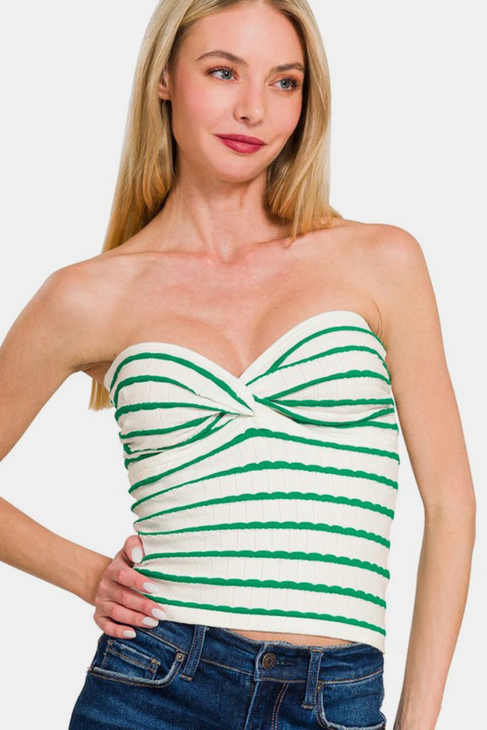 Zenana Twisted Sweetheart Neck Striped Tube Top Green / S Green / M Green / L Green / S-Green / M-Green / L-